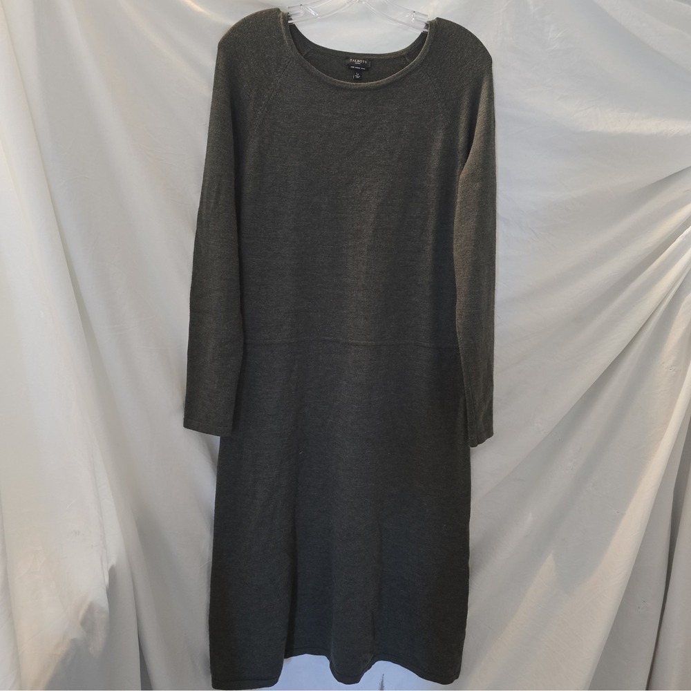Talbots Pure Merino Wool Long Sleeve Sweater Dress Green Sz LPetite Quiet Luxury